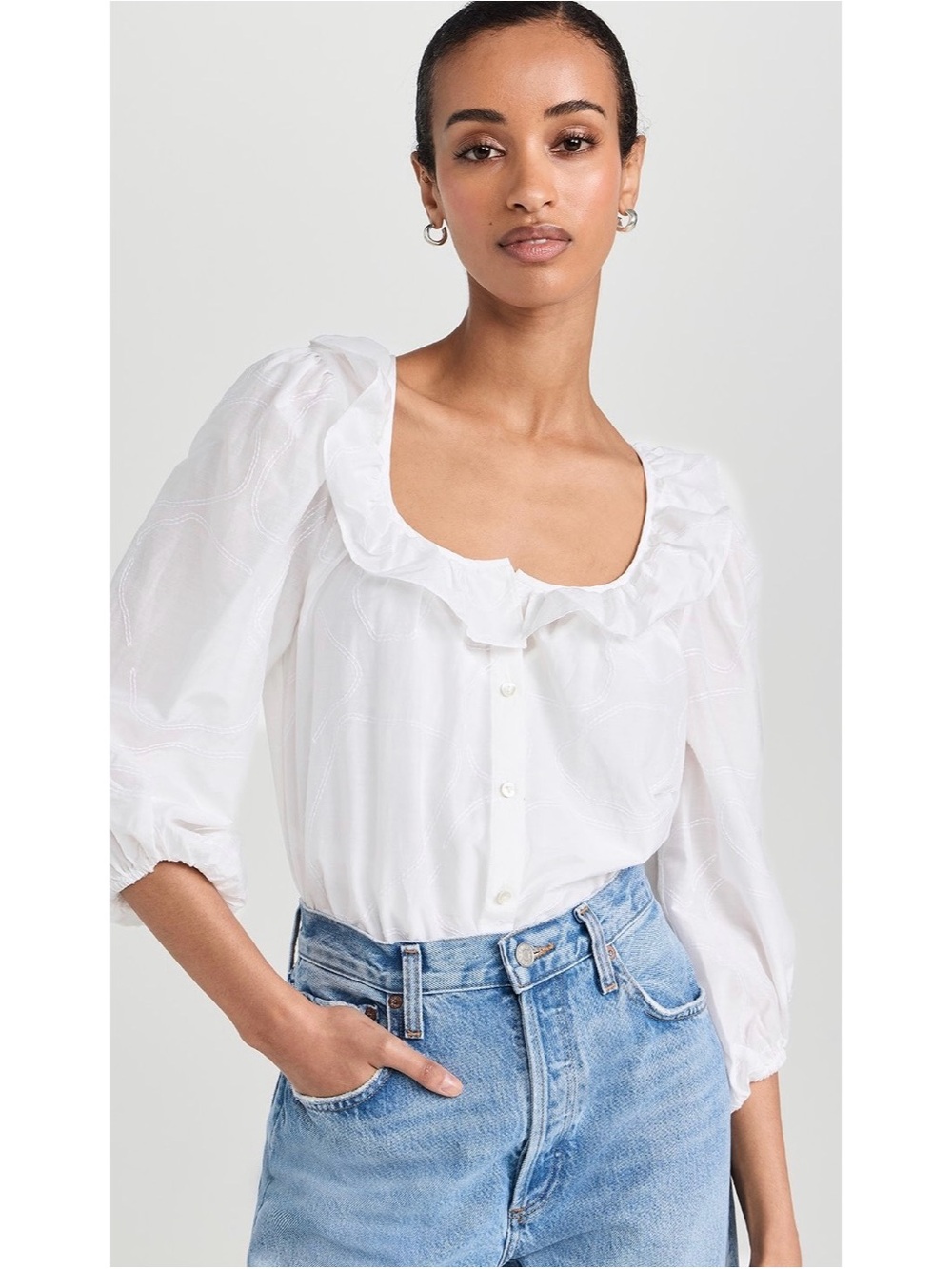 White Ruffle Scoop-Neck Button Front Top